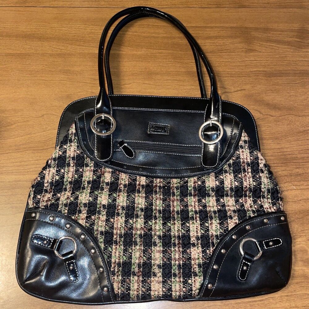 MaggiB Shoulder Purse Black Brown Green Plaid Tweed Snap Close Faux Leather Trim
